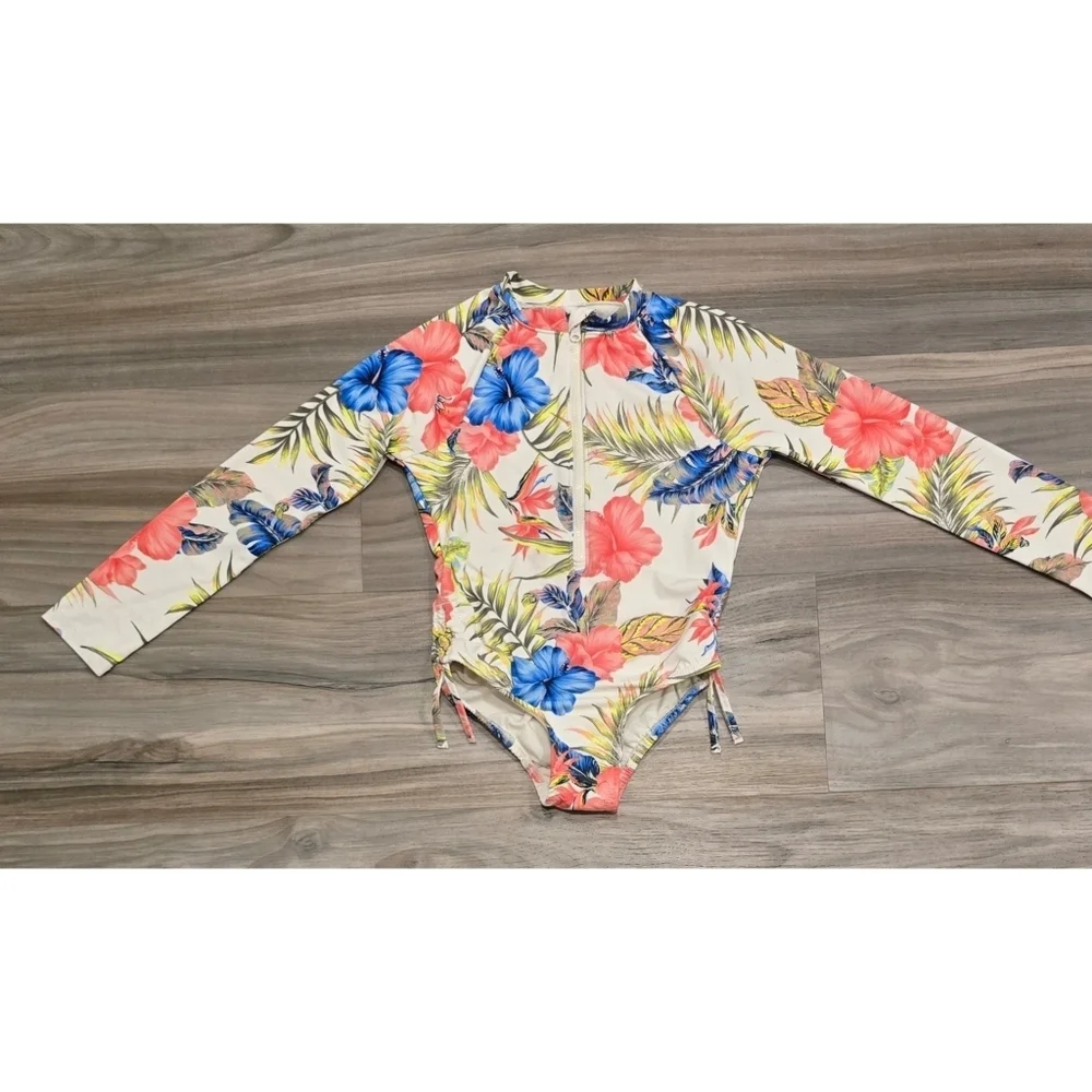 Wonder Nation Floral Rashguard One-Piece Swimsuit Size 6 Long Sleeve Zip Front